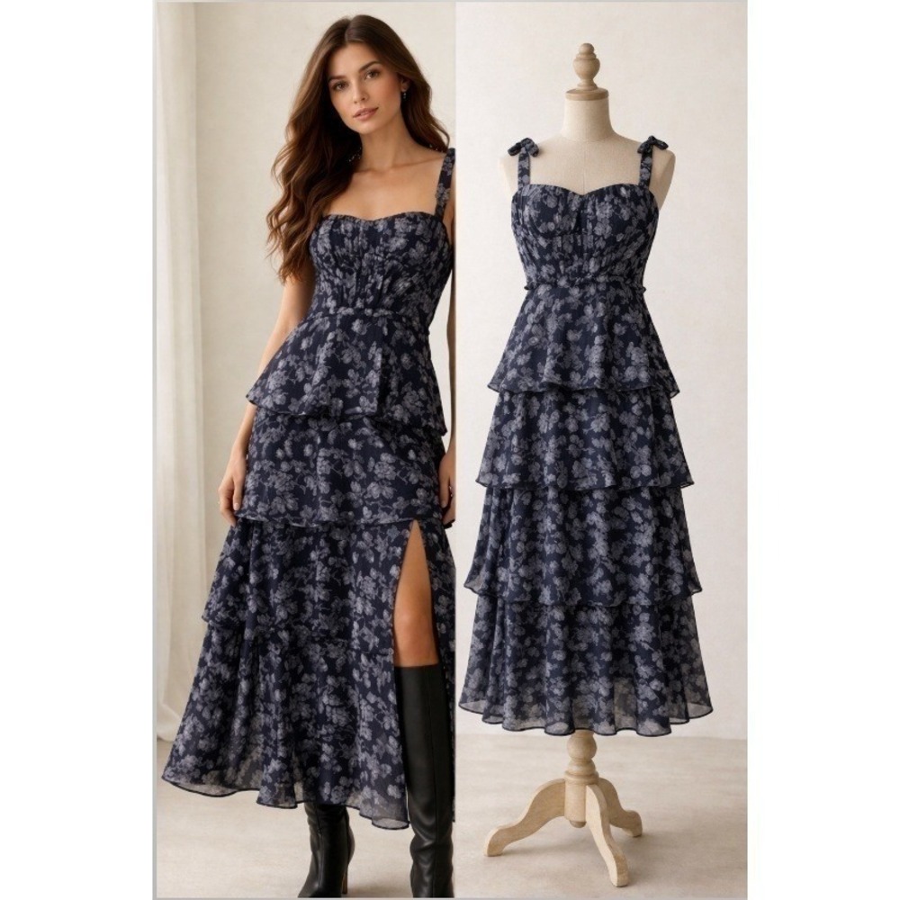 ASTR Mellorie Maxi Dress Navy Floral Tiered Slit Romantic Boho Spring Small